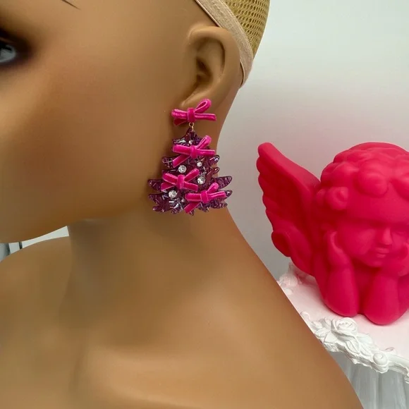 Bow Embellished Christmas Tree Dangle Earrings - Picture 5 of 5